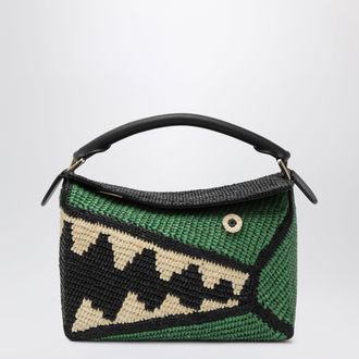 Loewe Small black/green raffia and calfskin Puzzle Edge bag