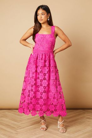 Oasis Womens Petite Floral Lace Detail Square Neck Midi Dress - Pink - Size 10 UK