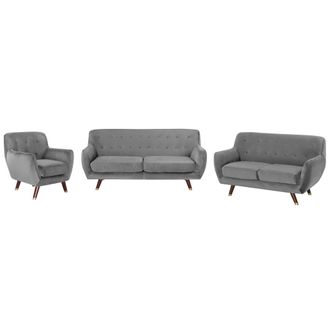 Beliani Juego De Sala De Estar Sill&oacute;n Sof&aacute; 3 Plazas Y 2 Plazas De Terciopelo Gris Respaldo Capiton&eacute; Abotonado Bodo