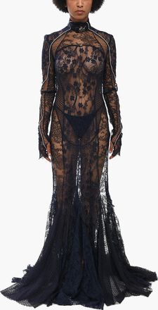 Off-white Vestito Lungo FLOWER WHEEL in Pizzo con Fondo a Balze Off-White