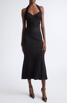 Balmain Pointelle Halter Neck Sweater Dress in 0Pa Black at Nordstrom, Size 44