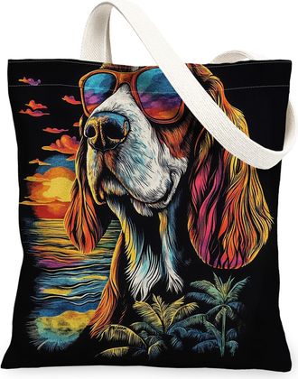 Generic Summer Basset Hound Dog Canvas Tote Bag for Shopping 13x15, Cool Beach Coastal Puppy Reusable Grocery Print Pattern Bag for Women, Retro Pet Beach Aes