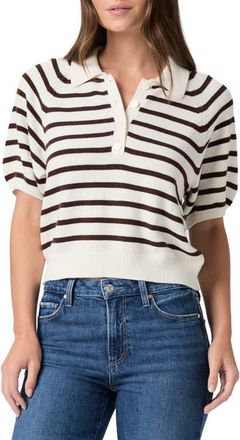 Paige Birch Stripe Short Puff Sleeve Polo Sweater in Antique White/Tamarind at Nordstrom, Size X-Small