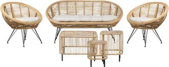 Beliani Boho 4 Seater Sofa Set with Coffee Tables Rattan Light Beige Cushion Cotton Fabric Medium Resistance Indoor Natural Maratea/Cesenatico