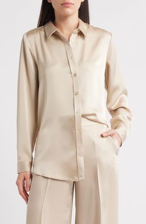 Tahari by ASL Satin Button-Up Shirt in Sand at Nordstrom, Size Medium