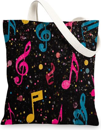 Generic Musical Notes Canvas Tote Bags, Colorful Music Pattern Reusable Shopping Bags, Fun Vibrant Lightweight Washable Shoulder Ba, Black, 13x15 Inch