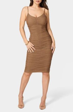 Bebe Powermesh Ruched Body-Con Dress in Mocha at Nordstrom Rack, Size Large