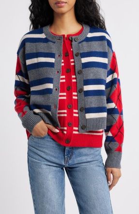 Damson Madder Didi Faux Layered Merino Wool Cardigan in Red Multi at Nordstrom, Size 10 Us