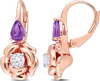 Mimi & Max 1 1/3 CT TGW Pear-Shape African Amethyst and White Topaz Rose Leverback Earrings