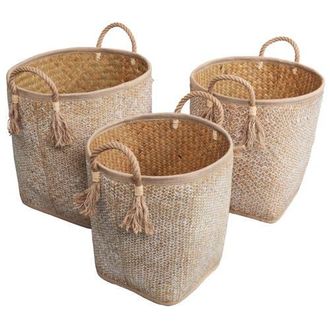 Happimess Celia Handwoven Palm Leaf Nesting Storage Baskets with Rope Handles in Natural/white at Nordstrom