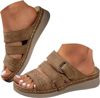 Generic Womens Leather Platform Slide Sandals Chunky Sole Strappy Flat Comfortable Open Toe Slippers with Perforation Design Light Brown Sole with Stitching f