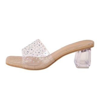 Generic High Heeled Sandals For Women Uk,Ladies Fashion Summer Transparent PVC Rhinestone Decorative Square Head Open Toe Crystal Thick High Heeled Slippers (