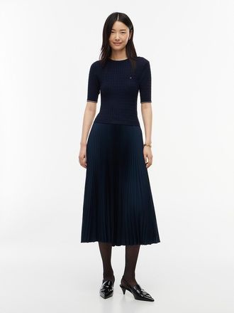 Tommy Hilfiger Womens Mixed-Media Pleated Midi Dress - Navy - XS