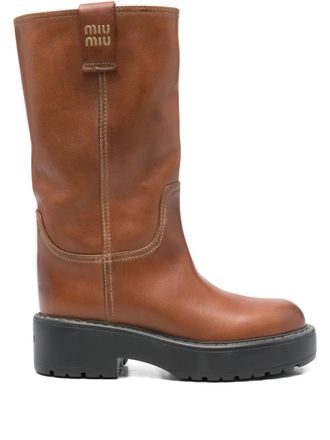 Miu Miu 50 mm leren laarzen met logo - Bruin