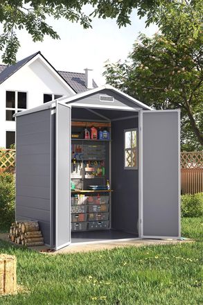 Living and Home 6x4 ft Apex Plastic Garden Storage Shed Double Door with Floor and Window, Grey