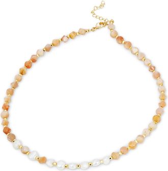 Savvy Cie Jewels GOLD PLATED BEADS, FRESH WATER PEARL AND SUNSTONE NECKLACE