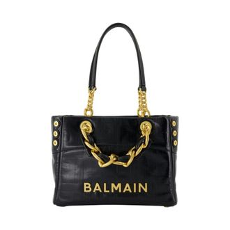 Balmain Tote Bags, female, Black, Size: ONE SIZE Black Leather Shopper Bag