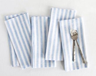 Solino Home Linen Dinner Napkins Set of 4, 20 x 20 Inch for Dining Table, Holiday and Everyday Table Decor - Amalfi Stripe in Sky Blue And White at