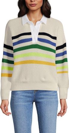 Lands End Drifter Rugby with Woven Collar Sweater in Ivory/multi Gem Placed Stripe at Nordstrom, Size X-Large P