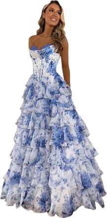 Generic Strapless Corset Prom Dresses for Women 2025 Long Tiered Ruffle Chiffon Formal Evening Gown with Slit 2025 New Summer Dresses for Women