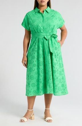 Caslon Tie Waist Eyelet Shirtdress in Green Celtic at Nordstrom Rack, Size 1X