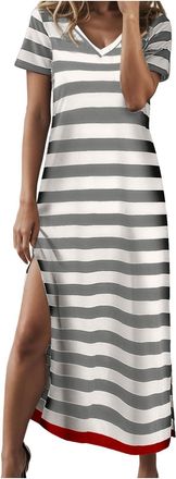 Generic Summer Dress for Women Casual Fashion Stripe Short Sleeve V-Neck T Shirt Long Color Block Side Slit Loose Beach Activewear Maxi Dresses (02-Grey, XXL)