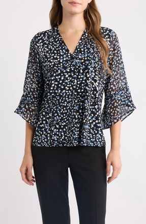 Anne Klein Print Mixed Media Split Neck Top in Anne Black/dutch Blue Multi at Nordstrom, Size X-Large