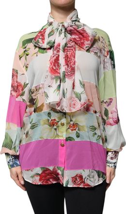 Dolce & Gabbana Multicolor Floral Patchwork Ascot Collar Womens Top (Pre-Owned)