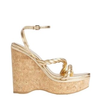Jimmy Choo London Diosa 130mm Twisted Metallic Leather Wedge Sandals, Brand Size 35.5 ( US Size 5.5 )