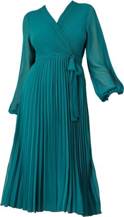 Yumi Teal Pleated Wrap Midi Dress with Sheer Long Sleeves (UK, Numeric, 14, Regular, Regular, Teal)