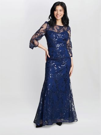 Gina Bacconi Womens Jordana Beaded Maxi Dress With Illusion Sleeves - Navy - Size 12 UK