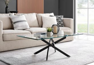 Furniturebox Leonardo Rectangular Glass Coffee Table with Metal Angled Starburst Legs for Modern Living Rooms in Black