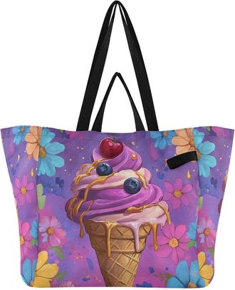 Generic Flower Icecream Purple print Reusable Canvas Tote Bag, Heavy Duty Grocery Shopping Bag with Large Capacity Hard Bottom Double Handles Work Groceries T