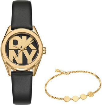 DKNY Logo Collection Leather Strap Watch & Bracelet Set, 28mm in Black at Nordstrom