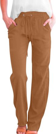 Generic Linen Trousers for Womens UK Summer Baggy Straight Leg Pants Cotton Ladies Elasticated Waist Leisure Lightweight Baggy Drawstring Beach Holiday Trouse