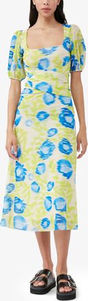 Ganni Blue Printed Mesh Puff Sleeve Midi Dress - Size 32 Recycled Nylon