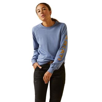 Ariat Womens Rebar Cotton Strong Logo Graphic Top Long Sleeve in Colony Blue Harvest, Size X-Small, by Ariat