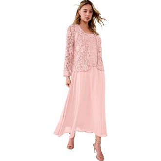 Roaman's Plus-Size 2 Piece Long Sleeve Embellished Lace Jacket And Full Gown in Soft Blush at Nordstrom, Size 22