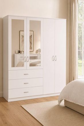 Home Discount Vida Designs Riano 4 Door 3 Drawer Mirrored Wardrobe Bedroom Furniture in White