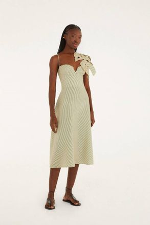 Farm Rio Striped Monstera Leaf Midi Dress In Green