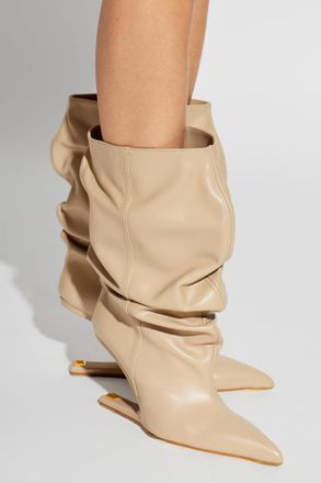 Balmain Leather Heeled Ankle Boots, Womens, Cream