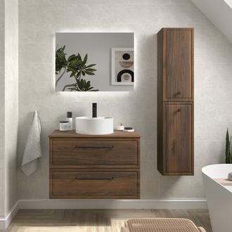 Cygnus Bath Mueble De Ba&ntilde;o Runa 80cm Nogal 2 Cajones Lavabo Sobre Encimera 1 Poza Porcelana