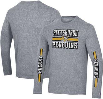 Champion Mens Champion Heather Gray Pittsburgh Penguins Tri-Blend Dual-Stripe Long Sleeve T-Shirt at Nordstrom, Size Small
