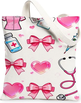 Generic Cute Hearts and Bows Canvas Tote Bag, Peach Pattern Reusable Grocery Bags, Lightweight Washable Shoulder Strap Bags for Sho, Peach, 13x15 Inch