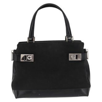 Ferragamo Double Gancini Side Buckle Tote Canvas Black Canvas Handbag (Pre-Owned)