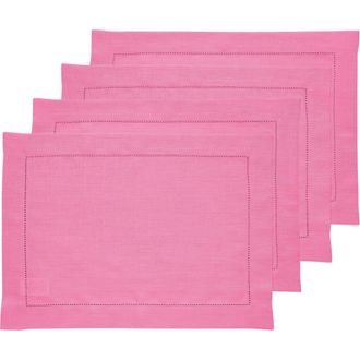 Solino Home Linen Placemats Set of 4, 14 x 19 Inch for Dining Table, Holiday and Everyday Table Decor - Classic Hemstitch in Flamingo Pink at