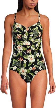 Lands End Slender Suit V-neck Pleated X-back One Piece Swimsuit Adjustable Straps in Hibiscus Floral/black at Nordstrom, Size 16