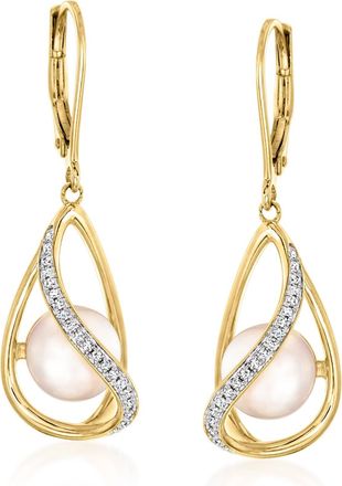 Ross-Simons 8-8.5mm Cultured Pearl and. Diamond Swirl Drop Earrings in 18kt Gold Over Sterling
