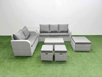 Fimous 8 Seater PE Rattan Wicker Garden Furniture Patio Conservatory Sofa Set w/ Rectangular Coffee Table 3 Seater Sofa Love Sofa 3 Stool Side Table