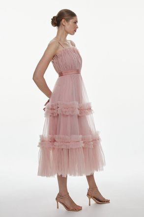 Karen Millen Womens Tulle Bandeau Tiered Midi Dress - Pink - Size 6 UK